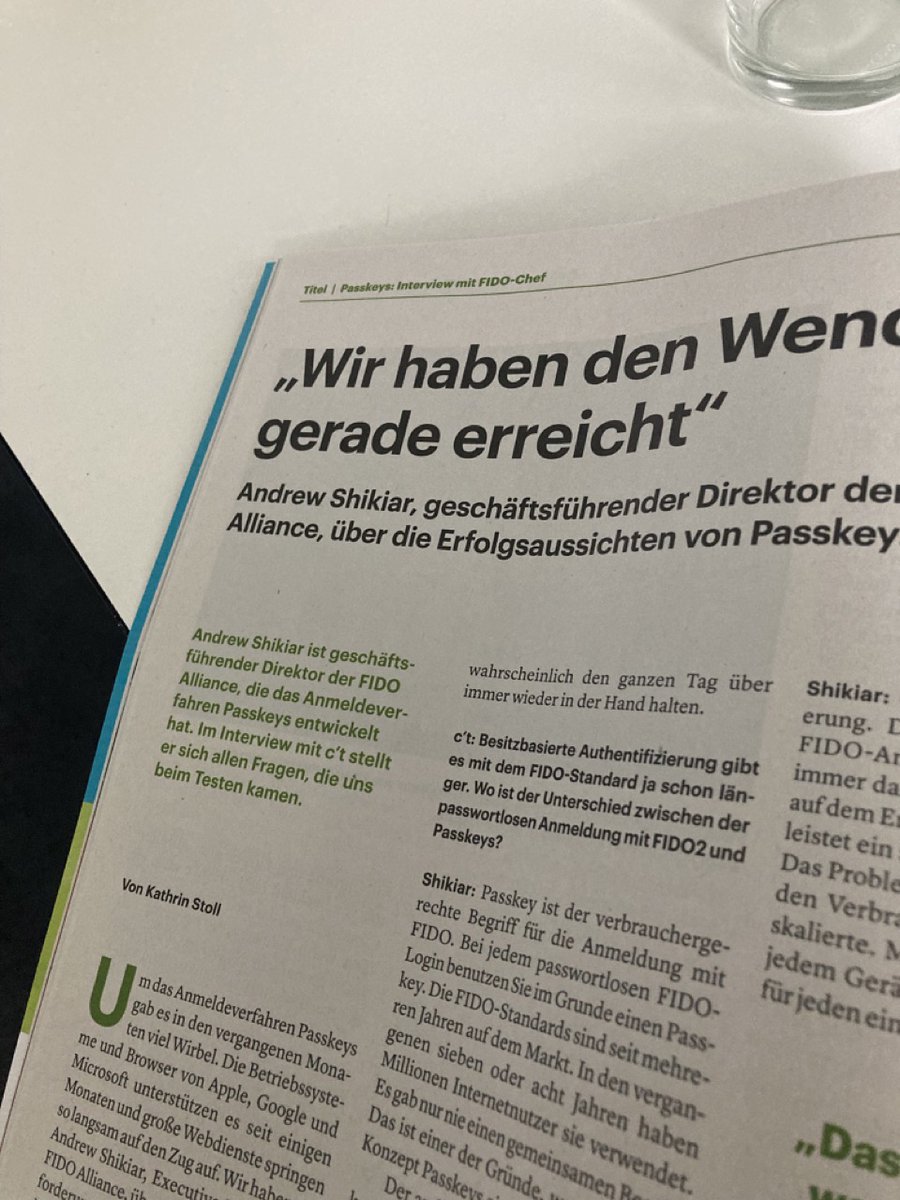Für <a href="/ctmagazin/">c't magazin</a> 18/2023 habe ich mit <a href="/andrewshikiar/">Andrew Shikiar</a> von der <a href="/FIDOAlliance/">The FIDO Alliance</a> über Passkeys gesprochen und ihn alles gefragt, was mir nach dem Testen so eingefallen ist 👇
heise.de/ratgeber/Andre…