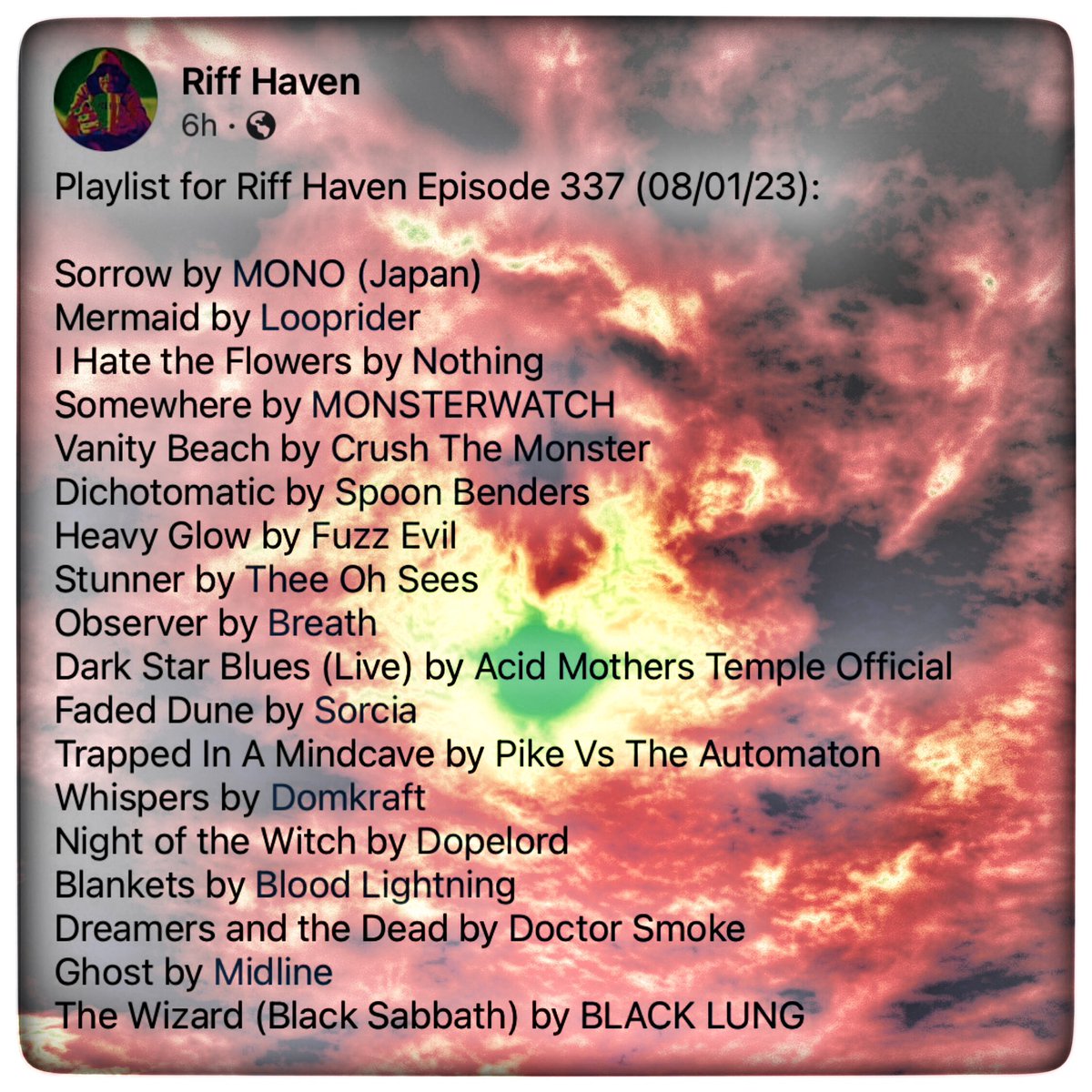 #RiffHaven #radioboise #Mono #Looprider #Nothing #MonsterWatch #CrushtheMonster #SpoonBenders #FuzzEvil #OhSees #Breath #AcidMothersTemple #Sorcia #PikevTheAutomation #Domkraft #Dopelord #BloodLightning #DoctorSmoke #Midline #blacklung