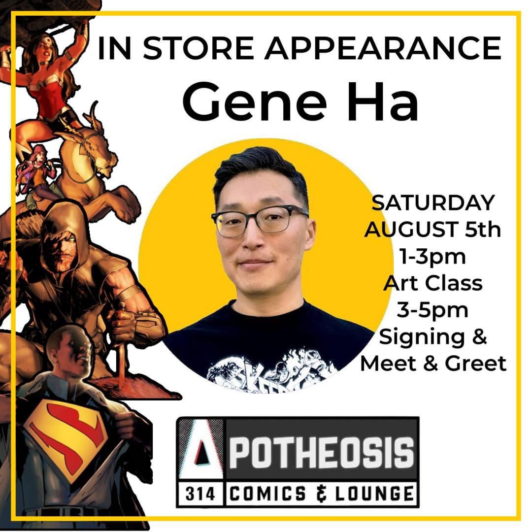 This Saturday @GeneHa will be in the shop! From 1-3pm he'll be hosting an art class; then signing books from 3:30 to 5pm! Come by and learn from/meet him! Get your tickets for the class here: shopapotheosis.com/products/gene-…