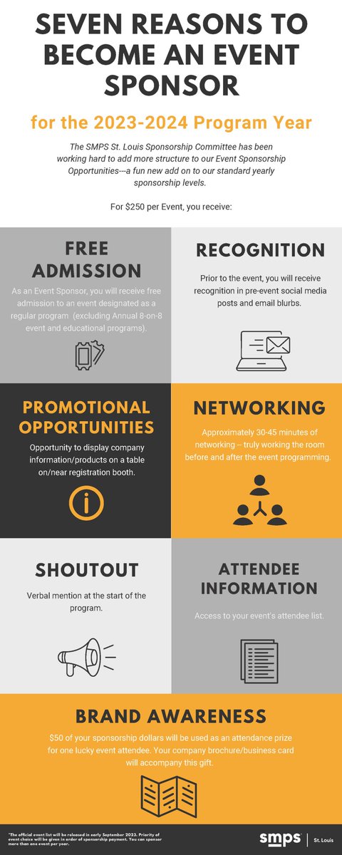 SMPS_STL's tweet photo. The SMPS St. Louis Sponsorship Committee has been working hard to add more structure to our Event Sponsorship Opportunities - a fun new add on to our standard yearly sponsorship levels. Check out the benefits of being an event sponsor.
#smps #smpsstl #sponsorship #aecindustry https://t.co/FY8sR8FBWe