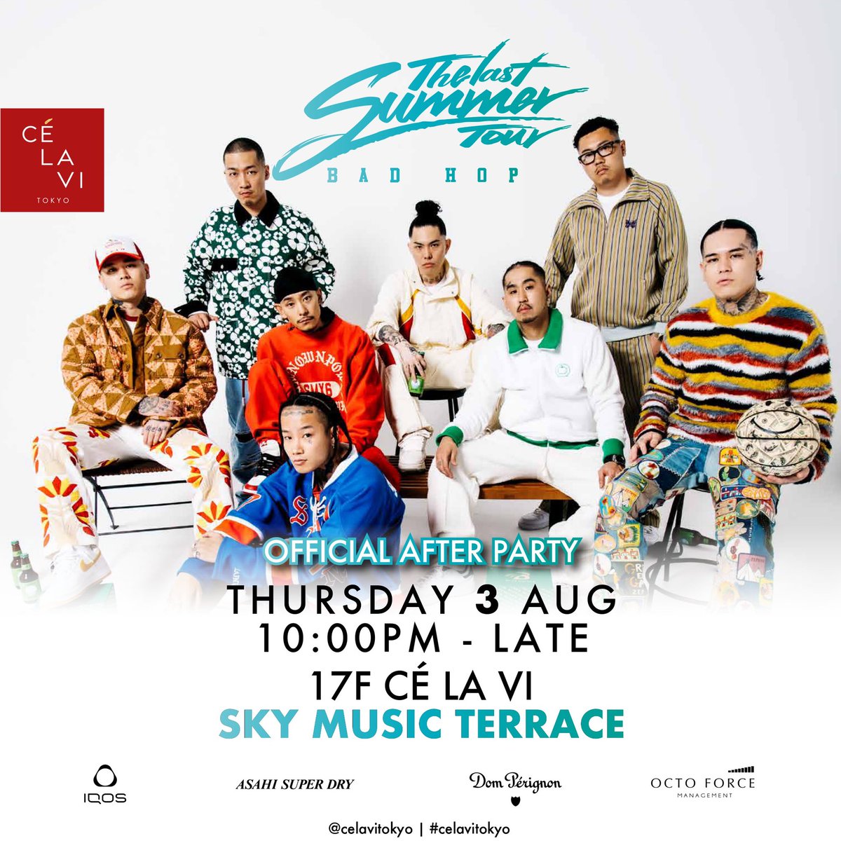 badhop_official's tweet photo. 明日はいよいよTHE LAST SUMMER ツアー2回目の豊洲PIT公演🌴
LIVE終了後は CÉ LA VI TOKYOにてアフターパーティーの開催が決定🎤

東京の皆さん準備は出来てますか？🔥
BAD HOPと過ごす最後の夏、8月も一緒に楽しみましょう🚀

https://t.co/riNo9WV94M https://t.co/O11KIPIjhg
