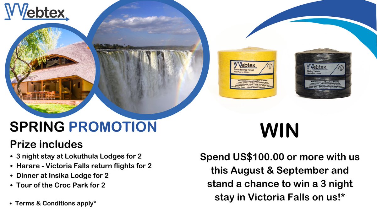 WebtexZw's tweet photo. WIN with our Spring Promotion
✨🎉✨
#springpromotion #lokothula #win #victoriafalls #luckydraw #webtexzw https://t.co/EBTAUK1jsq