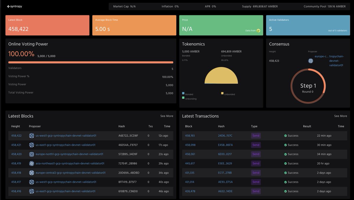 synternet_com's tweet image. The Syntropy #Blockchain Explorer is now live! 🔎

It&apos;s a user-friendly interface to view all #Syntropy blockchain data in real-time 📊

Get a sneak peek at the state of the network below 🔗

Stay tuned to learn about the significance of this milestone later this week 👀