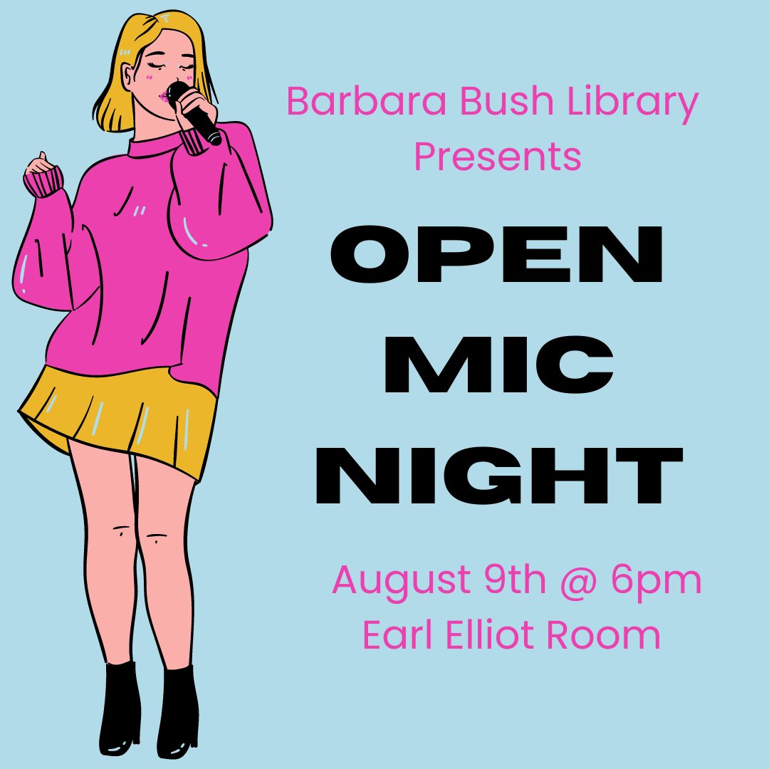 barbarabushlib's tweet image. Open Mic Night at the Barbara Bush Branch Library!! 🎤
.
The event is open to anyone that wants to attend. However if you would like to secure a spot to perform, click here ---&amp;gt; bit.ly/3Dd5Lnc
.
Happening August 9th @ 6PM in the Earl Elliott Room.
.
#BarbaraBushLibrary