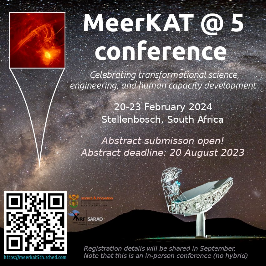 18 days left to submit an #abstract for the #meerkat5th #astronomy #conference! Submission details at meerkat5th.sched.com

#MeerKAT #science #SouthAfrica #Winelands