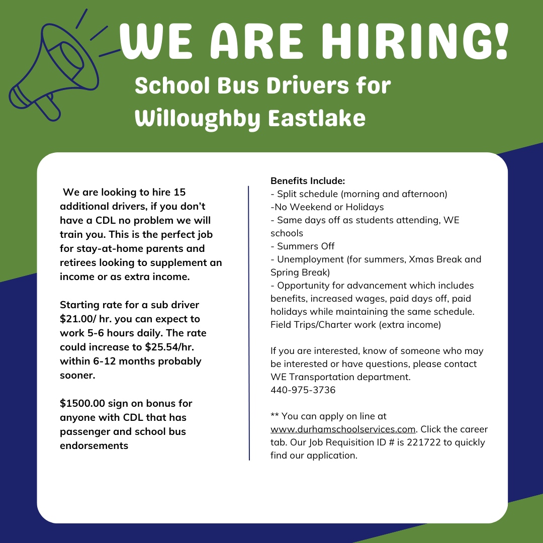 🚌 Wanted: School Bus Drivers for Willoughby Eastlake! We are looking to hire 15 additional drivers, if you don’t have a CDL no problem we will train you. This is the perfect job for stay-at-home parents and retirees looking to supplement an income or as extra income. #WeBelong