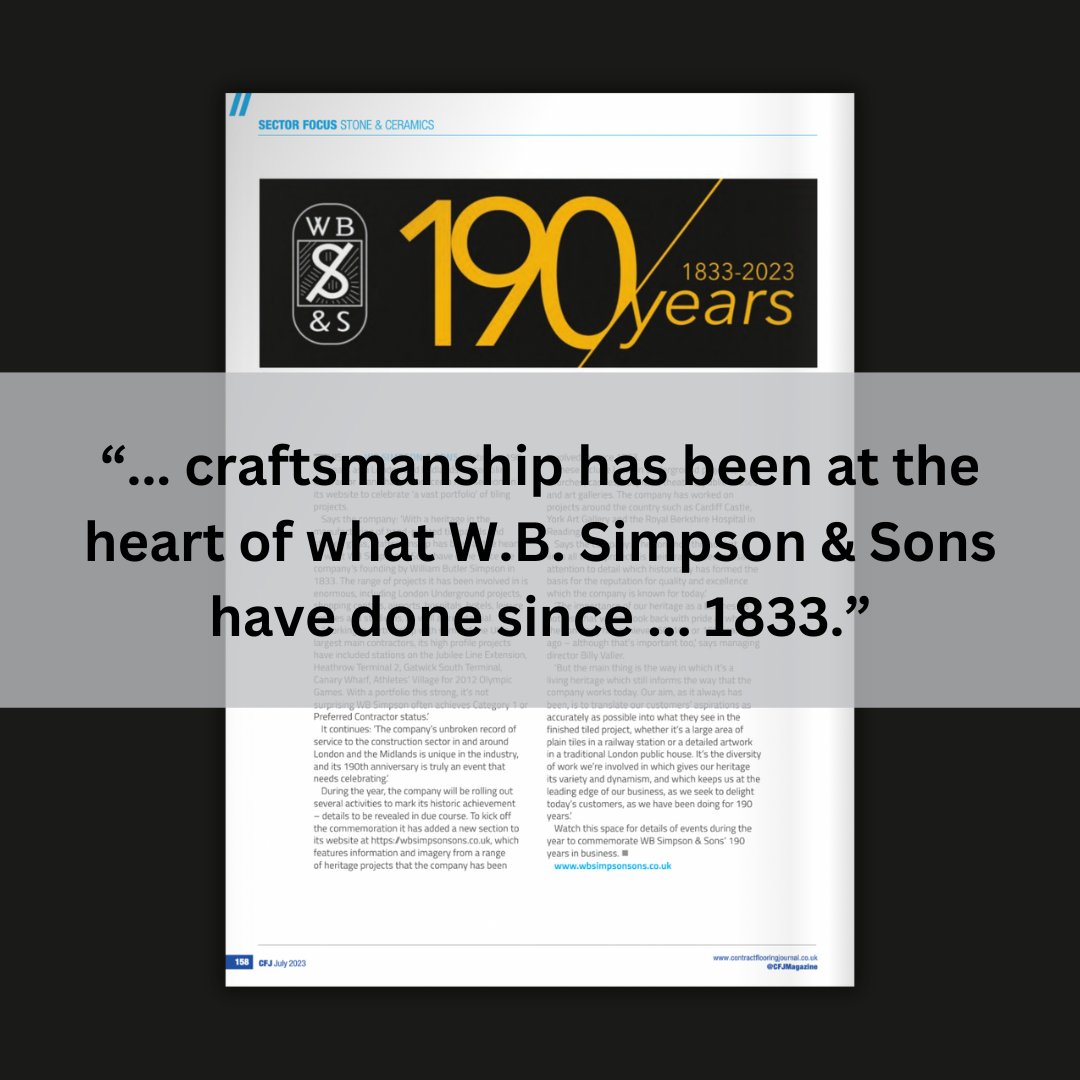 Our recent feature in Contract Flooring Journal looks back over the past 190 years of W.B. Simpson &amp; Sons while detailing some of the celebrations taking place this year to mark this historic achievement. 

Read more: cfjnews.uk/issues/july202…