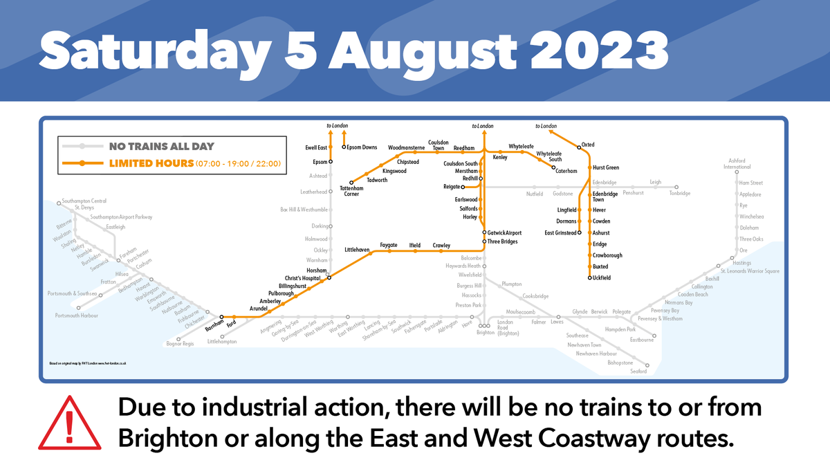 SouthernRailUK's tweet photo. No services will run to/from Brighton or along the coastal routes on Saturday 5 August.

If you are attending Brighton Pride, or other events near coastal stations, you will not be able to travel by train.

More info - https://t.co/3V45eitURX https://t.co/J79sQJFHB3