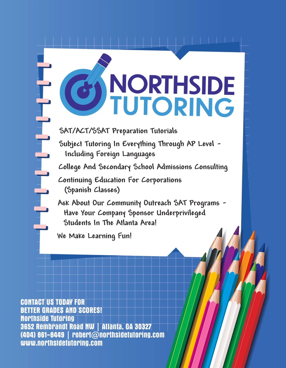 We make learning fun with tutoring sessions that will help you feel confident and get better grades and scores. Contact us today at (404) 861-8449 to get started!

#NorthsideTutoring #SATTutoring #ACTTutoring #tutoring #Atlanta #Buckhead #Georgia