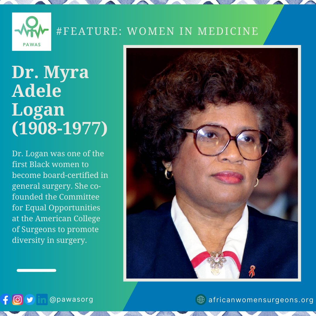 Happy Feature Wednesday PAWAS Community! 🥼 Brief History: Dr. Myra Adele Logan (1908-1977) was a pioneering surgeon and one of the first Black women to become board-certified in general surgery. READ MORE HERE: ⬇️ linkedin.com/posts/pawasorg… 🔗linktr.ee/pawasorg
