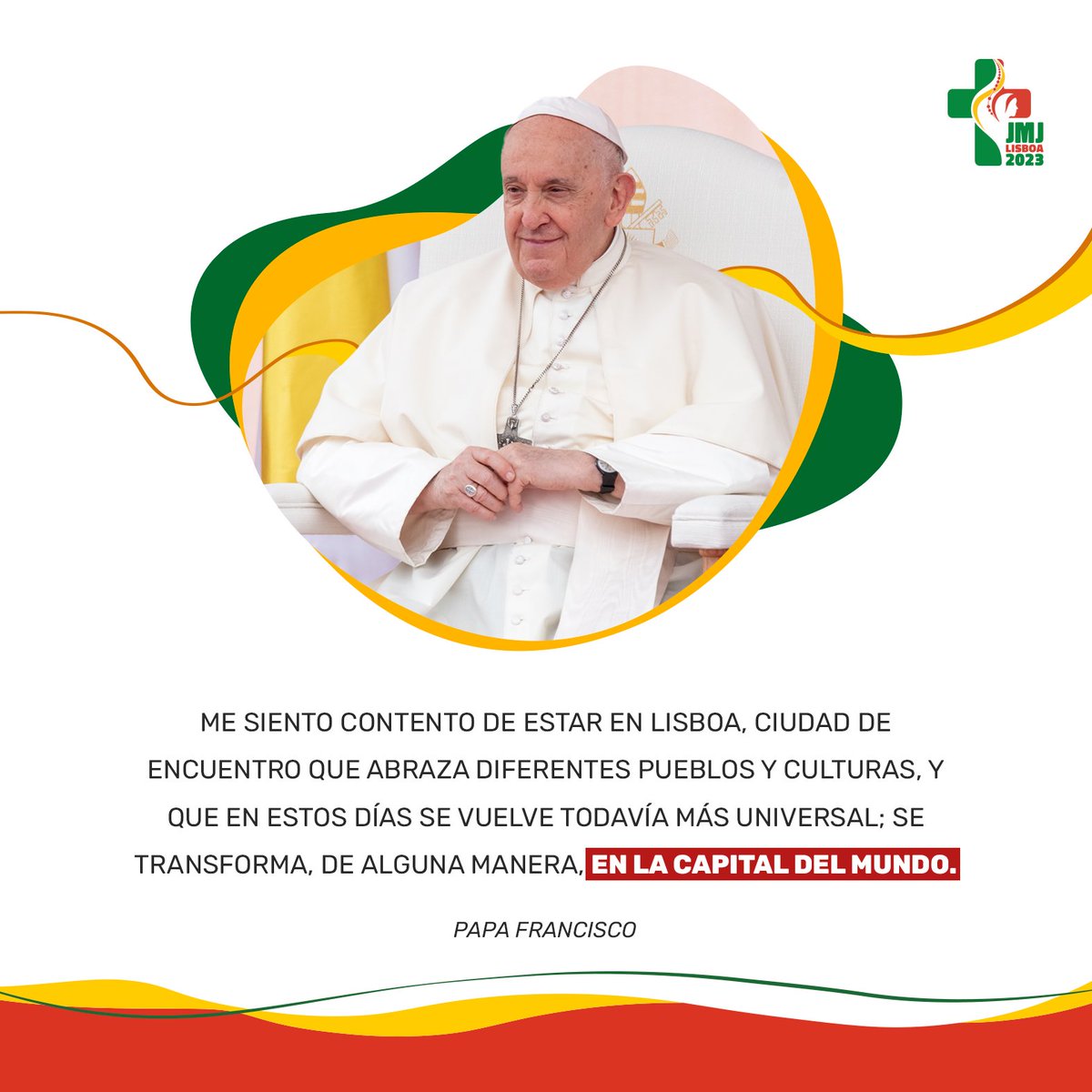 jmj_es's tweet photo. 🗨️"Lisboa, abrazada por el océano, nos ofrece motivos para la esperanza (...) Jóvenes, cultiven anhelos de unidad, paz y fraternidad, no caminen por las calles gritando rabia, sino compartiendo la esperanza del Evangelio"❤️

❕Primeras palabras del Papa Francisco en Portugal #JMJ https://t.co/SLF3vrXcdt