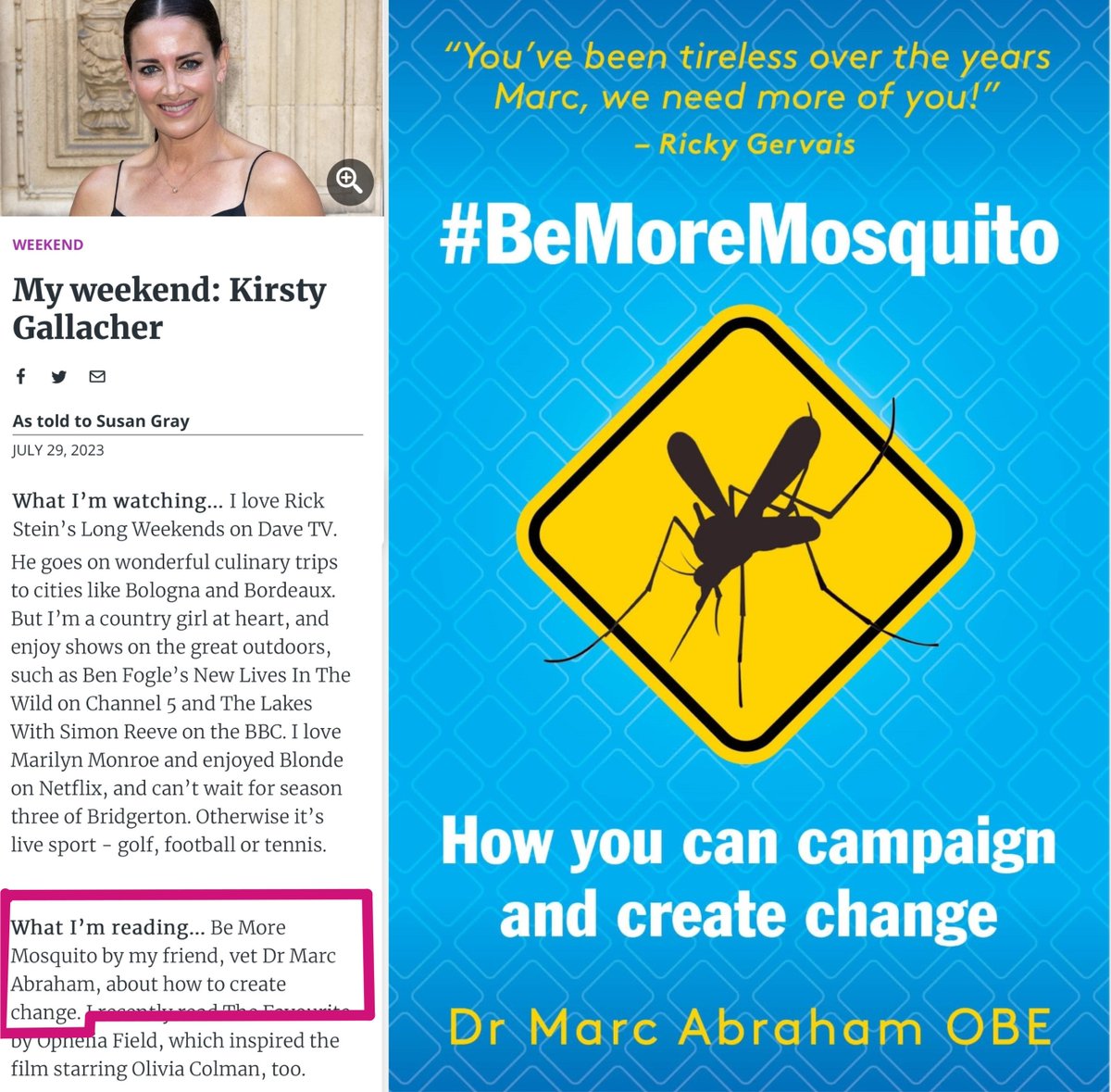 Thanks to lovely friend @TheRealKirstyG for mentioning my latest book in her recent @weekendmagazine article. Please do consider reading this if there's something you care about enough to want to change. We can all do something to help make a positive difference. #BeMoreMosquito