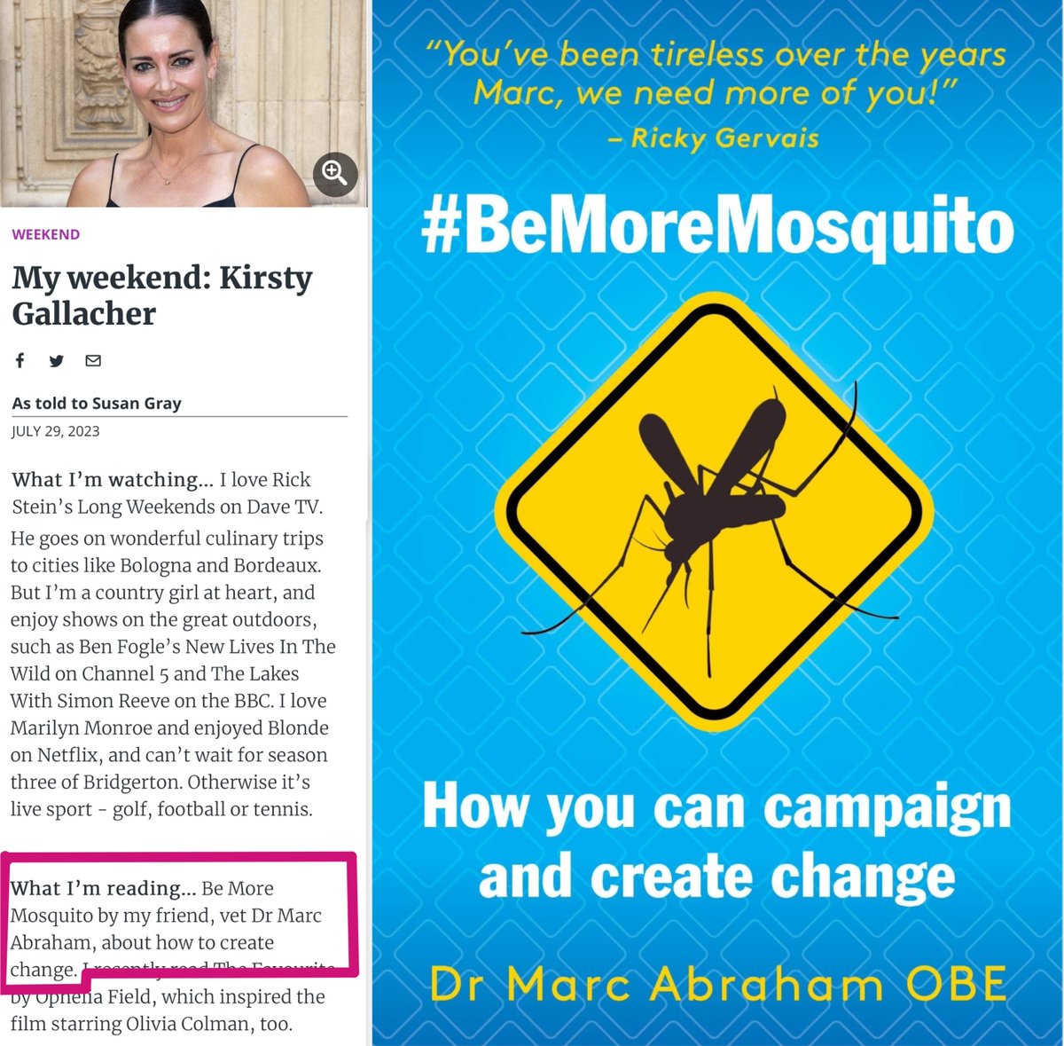 Marc Abraham OBE (@marcthevet) on Twitter photo Thanks to lovely friend <a href="/TheRealKirstyG/">KIRSTY GALLACHER</a> for mentioning my latest book in her recent <a href="/weekendmagazine/">Weekend Magazine</a> article. Please do consider reading this if there's something you care about enough to want to change. We can all do something to help make a positive difference. #BeMoreMosquito Thanks to lovely friend <a href="/TheRealKirstyG/">KIRSTY GALLACHER</a> for mentioning my latest book in her recent <a href="/weekendmagazine/">Weekend Magazine</a> article. Please do consider reading this if there's something you care about enough to want to change. We can all do something to help make a positive difference. #BeMoreMosquito