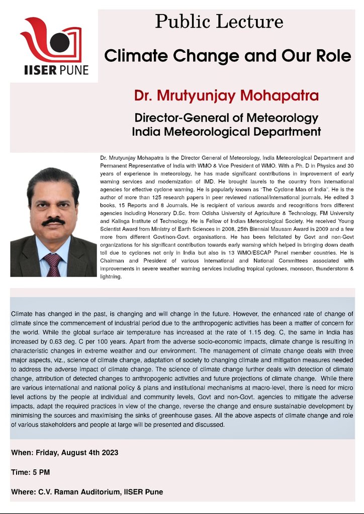 Hosalikar_KS's tweet image. Invitation for #PublicLecture on "Climate Change & Our Role" by Dr M Mohapatra, DGM @Indiametdept
on 4 Aug, 5 pm at @IISERPune
Happy to share that #MOU betn IMD & IISER Pune will be signed on the day for joint collaborative works in field of Climate Studies
@moesgoi @ClimateImd