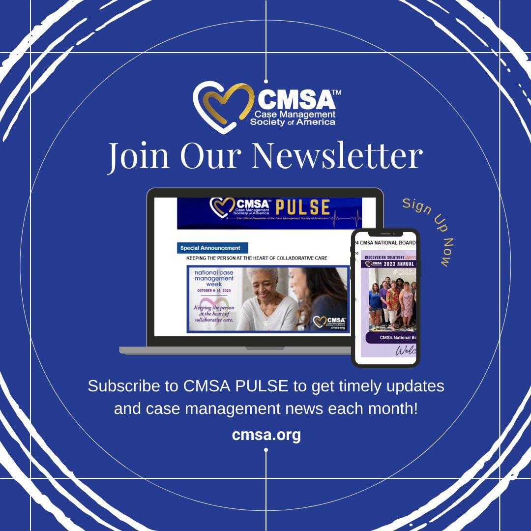 CMSANational's tweet image. Never miss a beat in the world of #CaseManagement! Sign up for our newsletter, #CMSAPulse, and get timely updates and exciting news delivered straight to your inbox every month!
🔗 cmsa.org/cms-pulse/
 #NewsletterSignup #ProfessionalGrowth #CMSACommunity #NeverMissABeat