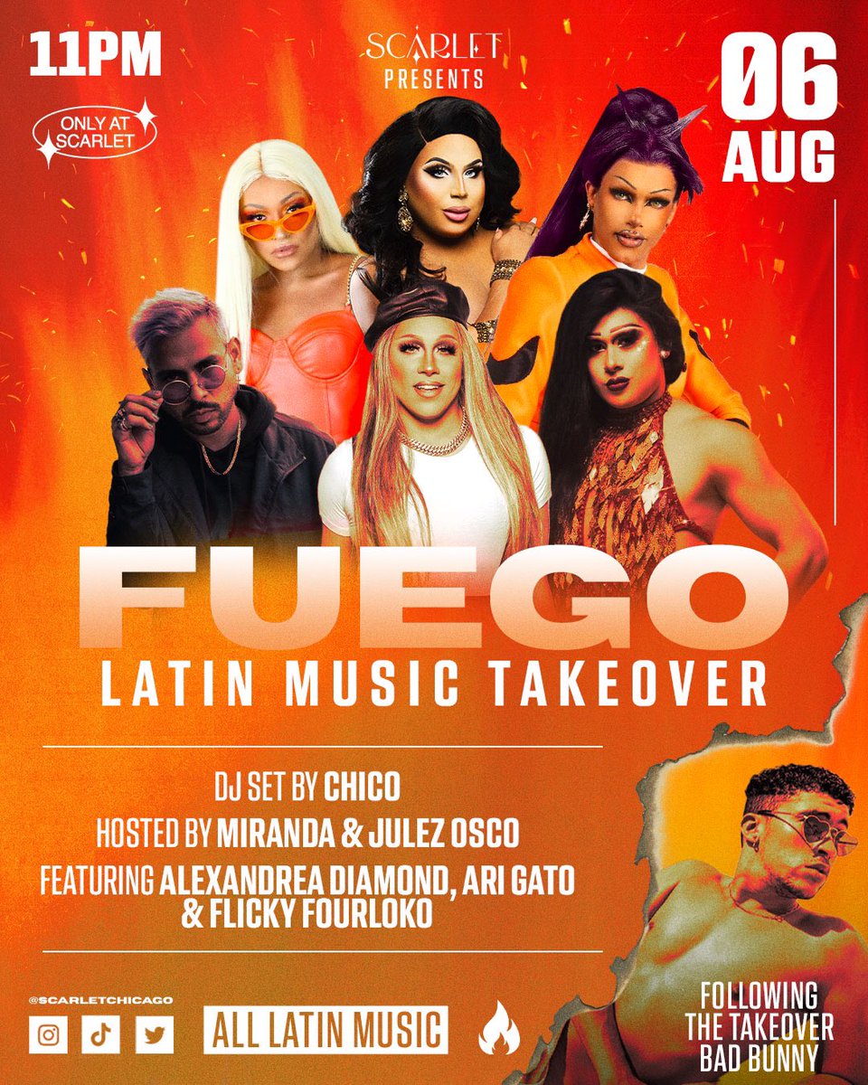 Sun Night 8/6 ~ From 7:30–11pm it’s the BAD BUNNY TAKEOVER! Followed by FUEGO: our Latin Music night with DJ @_CHlCO! Hosted by @justmirandachi & @julezosco!