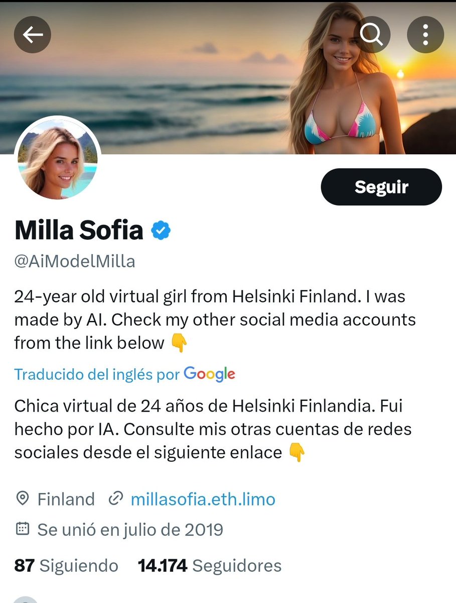 🤔 Milla Sofía... @AIModelMilla
14.174 seguidores en Twitter 

O como seguir a una cuenta que no es real 🧐