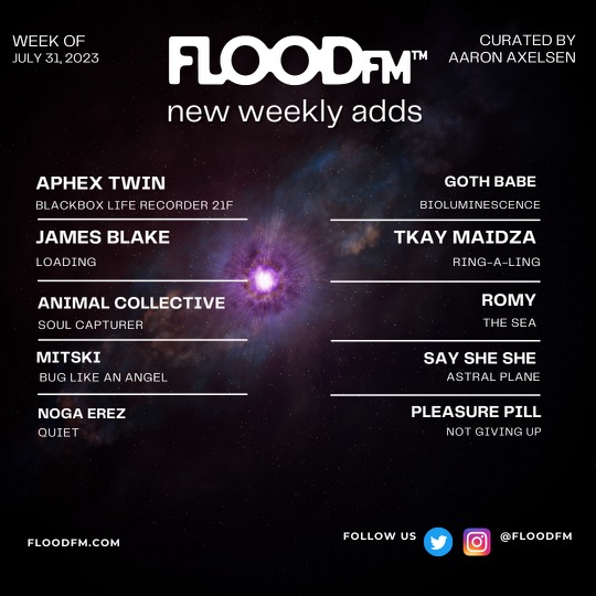 Some absolutely incredible new music additions this week to FLOOD FM radio! 📻👀

🔉 @AphexTwin 
🔉 @jamesblake 
🔉 @anmlcollective 
🔉 @mitskileaks 
🔉 @nogaerez 
🔉 @gothbabemusic 
🔉 @TKAYMAIDZA 
🔉 @romyromyromy 
🔉 @SaySheShe 

@floodmagazine @beggarsgroup @secretlycndian