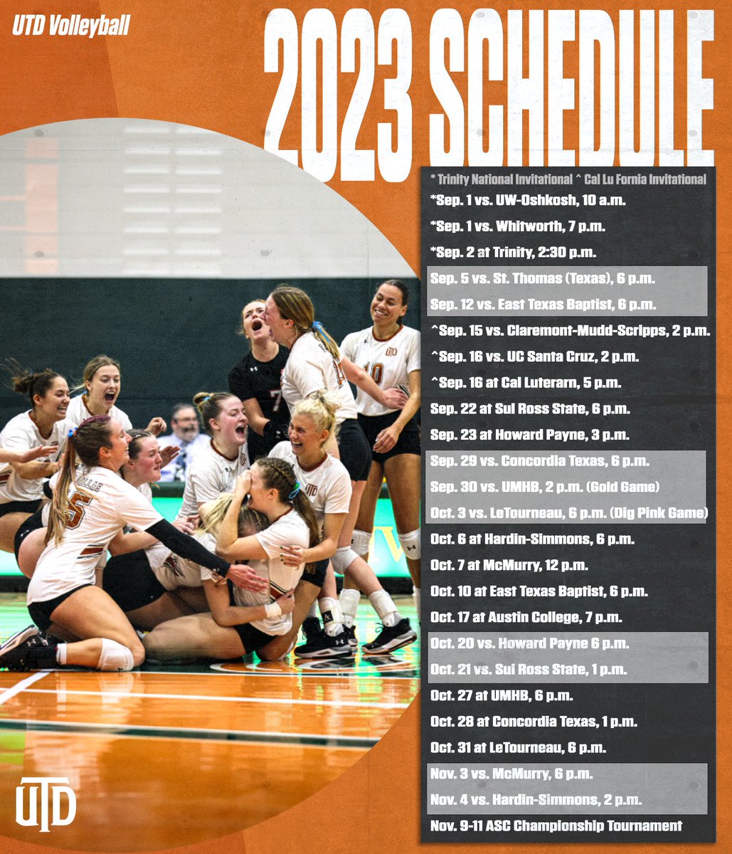 UTDallasVB's tweet photo. It's that time of year! π The road to the ASC Championship starts on September 1. Who's ready for a 3-peat? #whoosh #utdvolleyball #3peat #roadtoasc https://t.co/yijlGEH5hZ