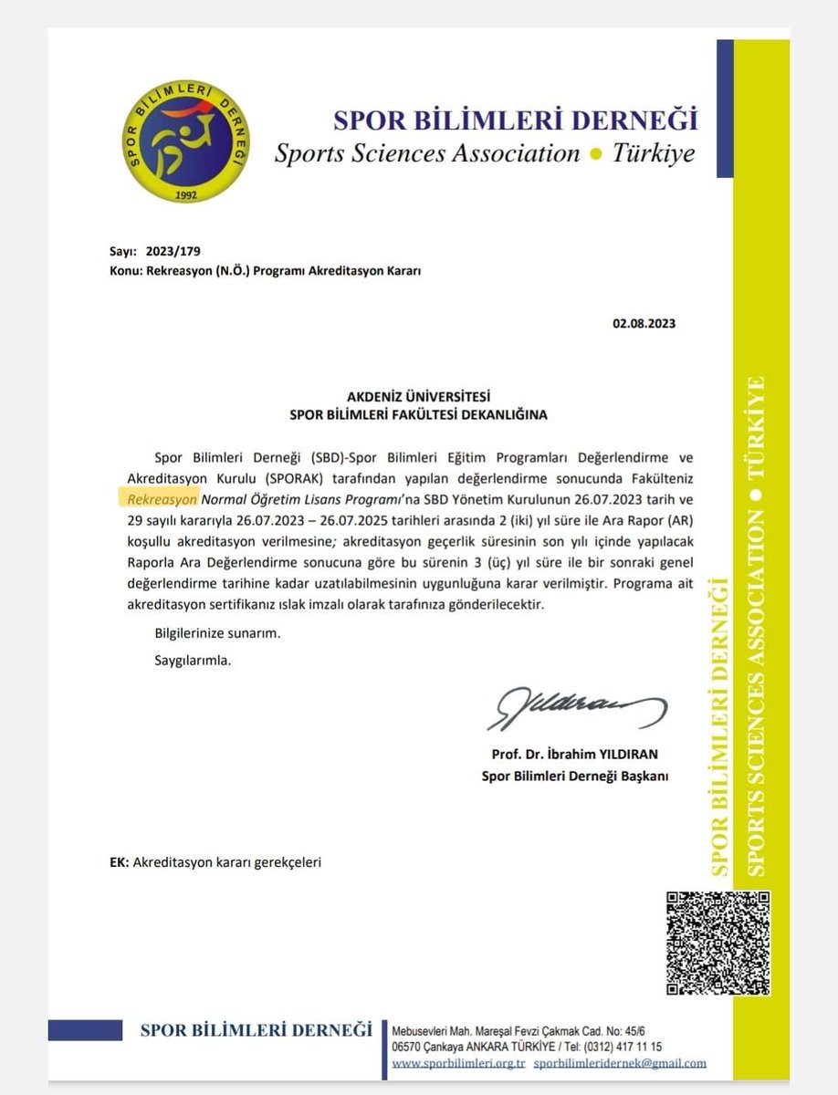 Programımız, Spor Bilimleri Eğitim Programları Değerlendirme ve Akreditasyon Kurulunca tamamlanan sürecin sonunda Akreditasyon belgesini almaya hak kazanmıştır. Tüm çalışanlarımızı ve paydaşlarımızı kutlar, öğrencilerimize hayırlı olmasını dileriz...