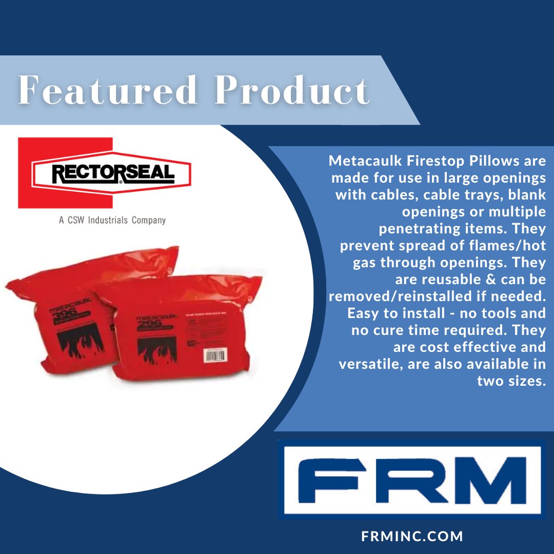 FRMInc_SE's tweet image. The highly intumescent #Metacaulk #Firestop Pillows prevent flames and hot gases from spreading through large openings with cables, cable trays, or multiple penetrating items. #RectorSealToTheRescue #firestopping  #firesafety #fireprotection #constructionmanagement