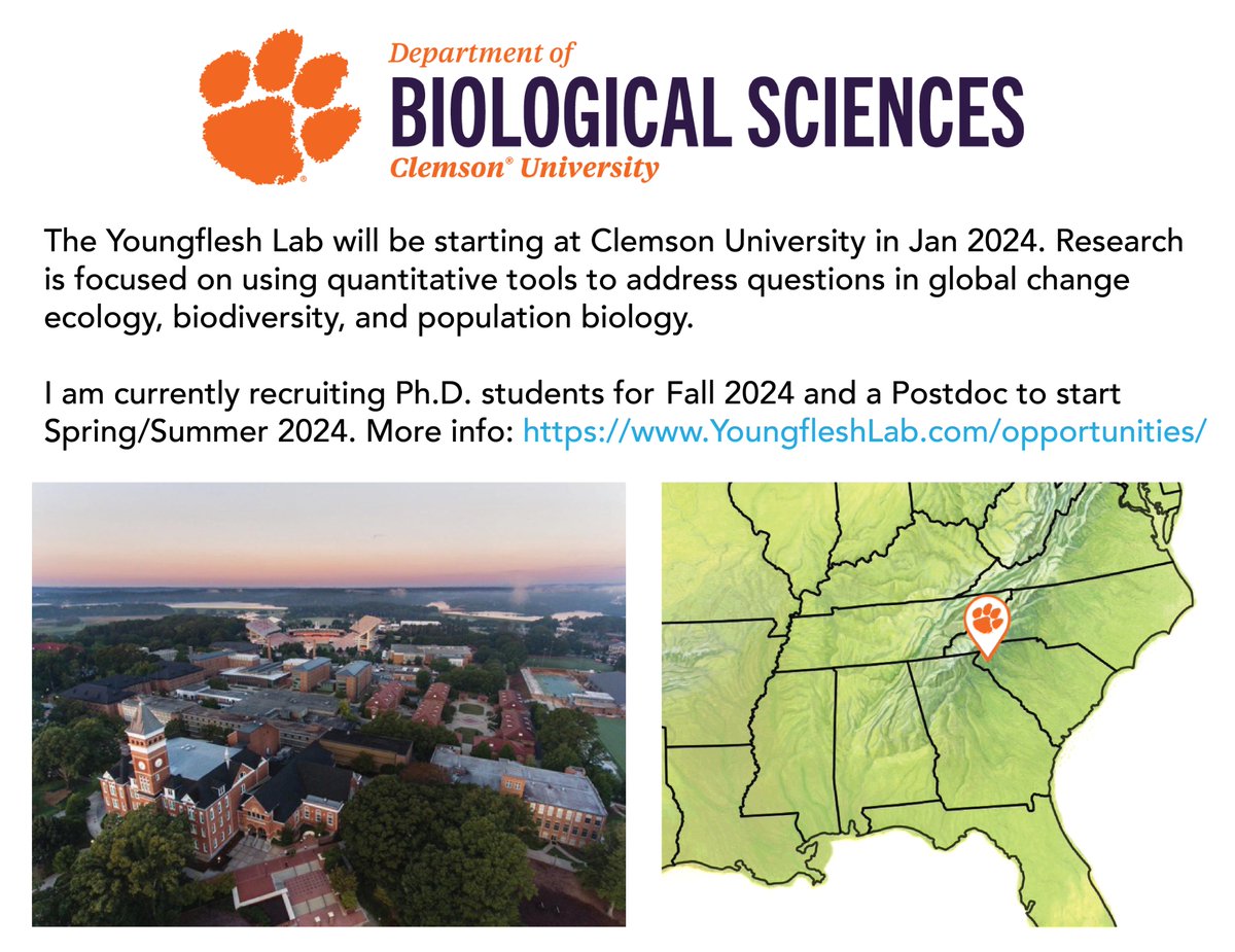 NEWS: I will be starting as an Asst. Prof. at Clemson University in Jan 2024! I'M RECRUITING: Looking for Ph.D. students and a Postdoc! More info here: YoungfleshLab.com/opportunities/ ALSO: I'll be at #ESA2023 next week to chat with those interested! Please share and RT