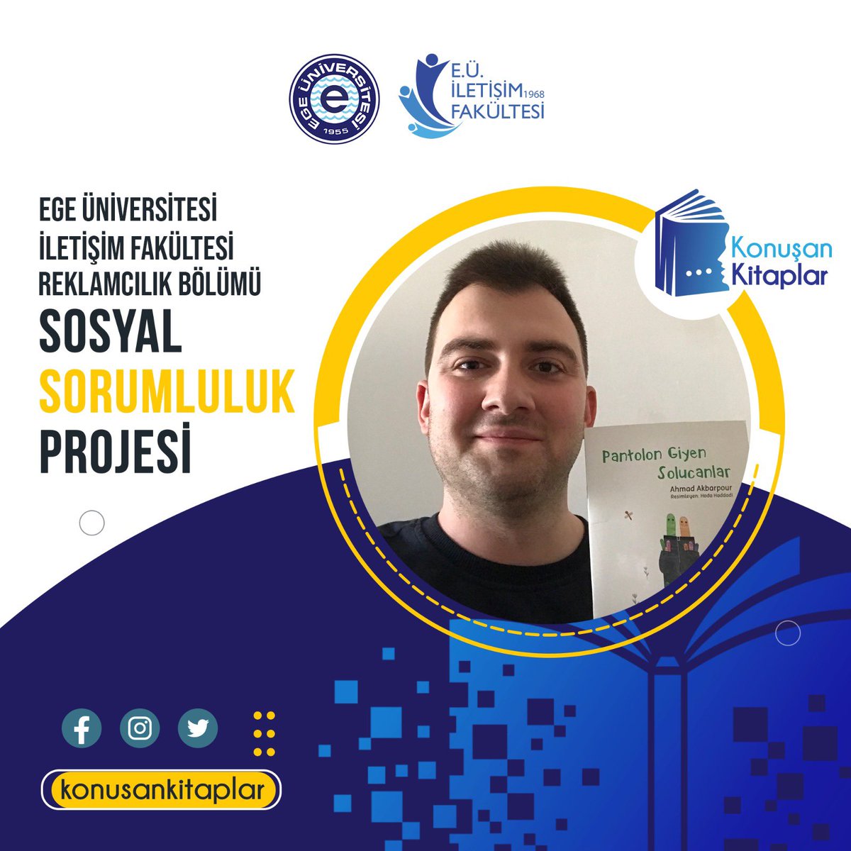 Konuşan Kitaplar Sosyal Sorumluluk Projemizin yeni gönüllü okuyucularından Perit Uysal görme engelliler için Ahmad Akbarpour'un “Pantolon Giyen Solucanlar” isimli kitabını seslendirdi. En içten teşekkürlerimizle.<a href="/iletisimege1968/">E.Ü. İletişim Fakültesi</a> #görmeengellileriçinseslikitap #konusankitaplar2023