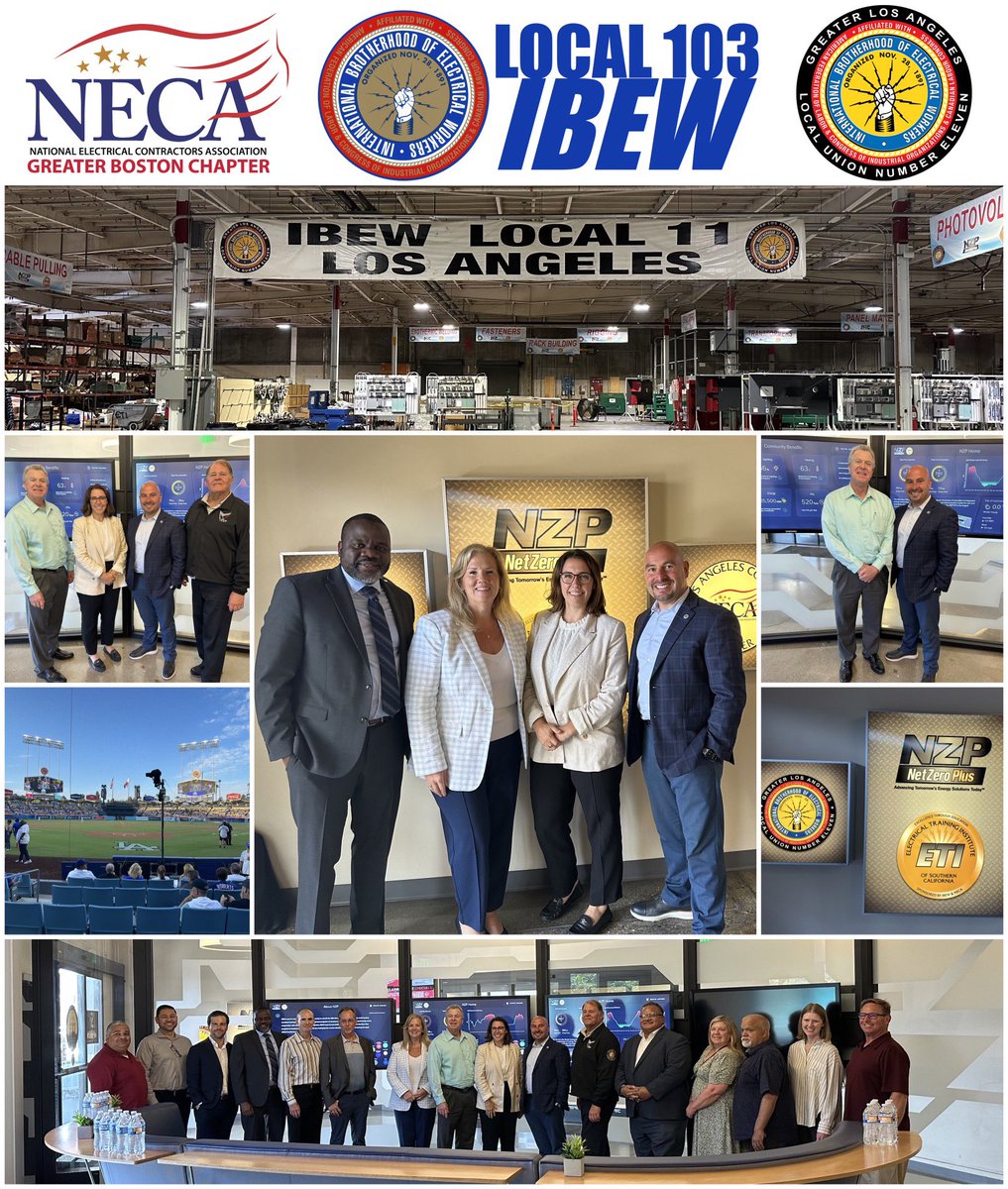 LAntonellis103's tweet photo. Very productive meeting with our friends at IBEW Local 11 & NECA Los Angeles.  Special thanks to LU 11 BM Joel Barton, LA Chapter Manager Jim Wilson and their teams for the productive discussion and warm hospitality.  We shared notes & strategies on:
•Clean Energy & 
Business Development initiatives
•Incorporating PLA’s, MOU’s & Community  benefit agreements into local projects.
•Utilizing Gov Grants for workforce Dev
•Apprenticeship training and much more.  
We got to catch a Dodgers game and see old friend Mookie Betts hit a Home Run! 🚀 ⚾️
Catch you all back in Boston! @IBEW103 
#DownWithLA
#LetsGetToWork
#PoweringBoston
#WePlugYouIn🔌