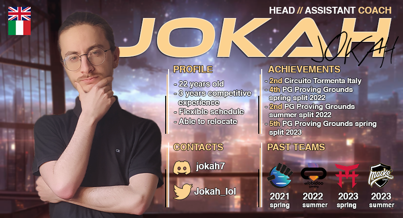 Hello everyone, after the split with <a href="/mackoesports/">MACKO™ Esports</a> i've decided to be LFT for the upcoming split.
Mainly looking for ERL1/2
References:
<a href="/Aleks7_lol/">Aleks</a> @Korax_Ravenclaw <a href="/MartinaRevangel/">Martina Revangel Cristetti</a> 
❤️&amp; 🔃 are appreciated!