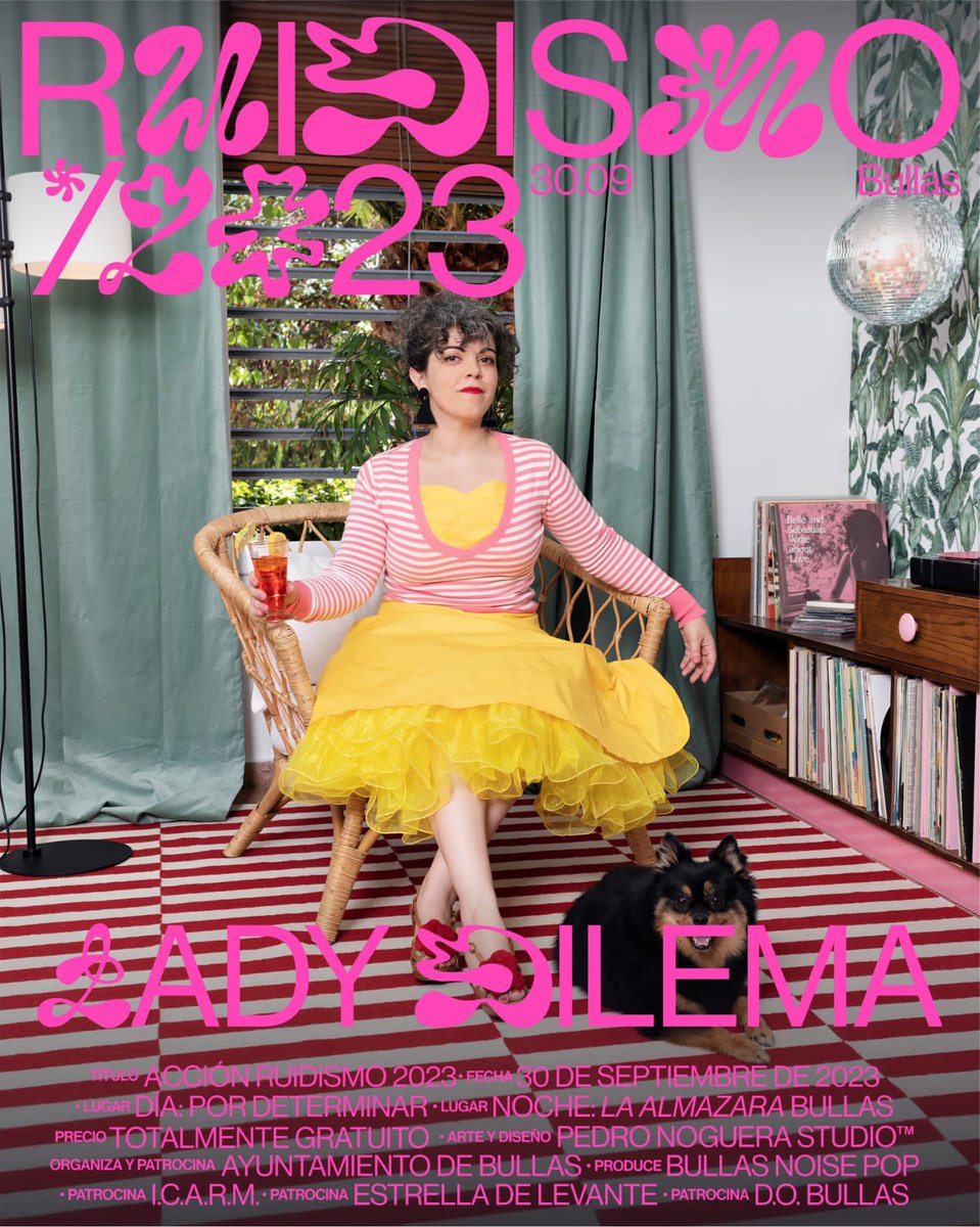 #LadyDilema - #Ruidismo2023
Bullas, sábado 30 de septiembre.
Entrada libre.

Organiza y patrocina: <a href="/aytoBullas/">Ayuntamiento Bullas</a> 
Pruduce: #bullasnoisepop
Otros patrocinadores: #ica, <a href="/estrellalevante/">Estrella de Levante</a> y <a href="/DOP_Bullas/">BULLAS D.O.P</a> #dobullas

Arte y diseño: <a href="/_drpetrus/">Pedro  Noguera</a> 

#Bullas #Música #Vanguardia #Gastronomía #Art