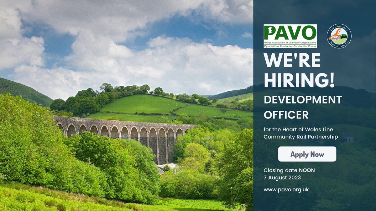 HeartWalesLine's tweet photo. 📣 Closing NOON 7 August
@PAVOtweets, who are the host organisation for the Heart of Wales Line @CommunityRail Partnership, are seeking to employ a #DevelopmentOfficer. For everything you need to know about the role and how to apply visit: https://t.co/c3ua0TN1aC #job #community https://t.co/ph3L1bIHEl