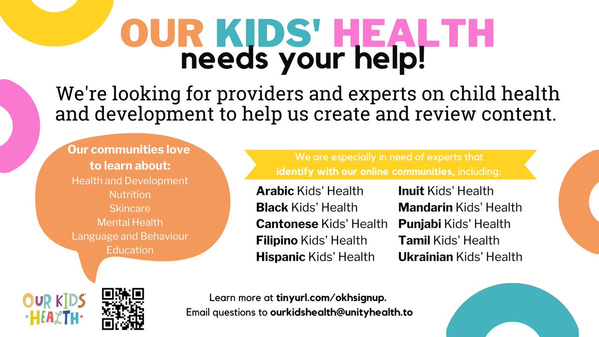 Are you a provider or expert on child health and development? Do you want to make a positive impact on the lives of culturally-diverse families? 
<a href="/Our_KidsHealth/">Our Kids' Health</a> needs your help!

Check out the link below, and feel free to get in touch if you have any questions!
