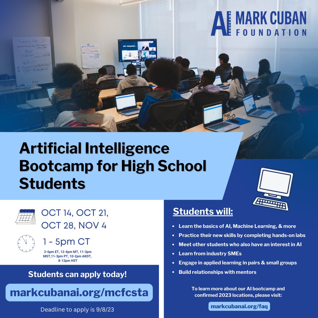 csteachersorg's tweet photo. CSTA Partner Message: Looking for a No Cost out-of-school STEM opportunity for your high school students? MCF AI Bootcamps are coming this fall to select cities! https://t.co/0W4B10nmGC https://t.co/kzErBu43YG