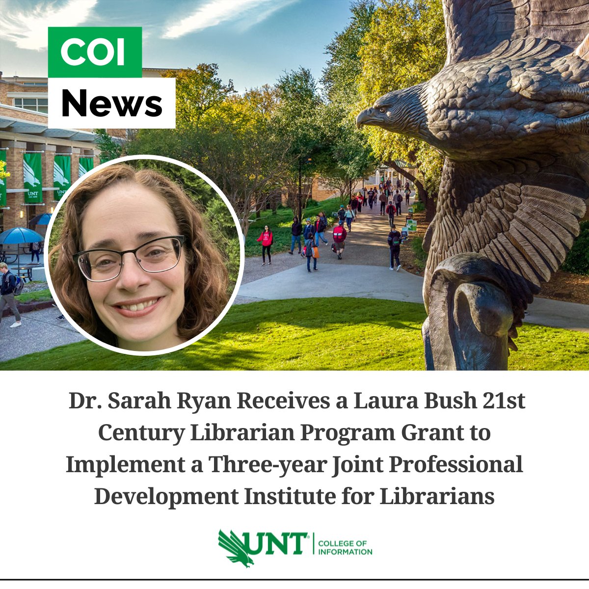 Dr. Sarah Ryan is the co-recipient of a Laura Bush 21st Century Librarian Program Grant to implement a librarian professional development institute. Congratulations, Dr. Ryan!

#UNTCOI #UNTresearch #iSchool #IMLS #IMLSgrant #LauraBush #Library #Librarian #Research #Collaboration
