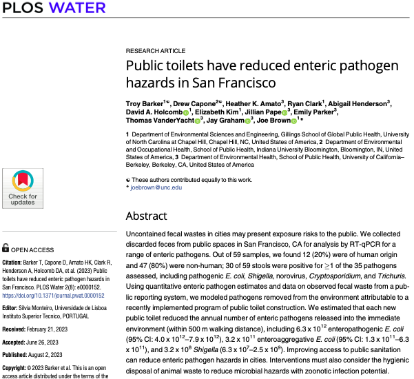 Just out: open-access paper in <a href="/PLOSWater/">PLOS Water</a> on the impact of the public toilets on enteric pathogen hazards in San Francisco, led by Troy Barker &amp; <a href="/CaponeLabIU/">Drew Capone</a> (co-first) &amp; with a stellar team including <a href="/HeatherKAmato/">Heather Amato, PhD</a> &amp; Jay Graham

journals.plos.org/water/article?…

1/8