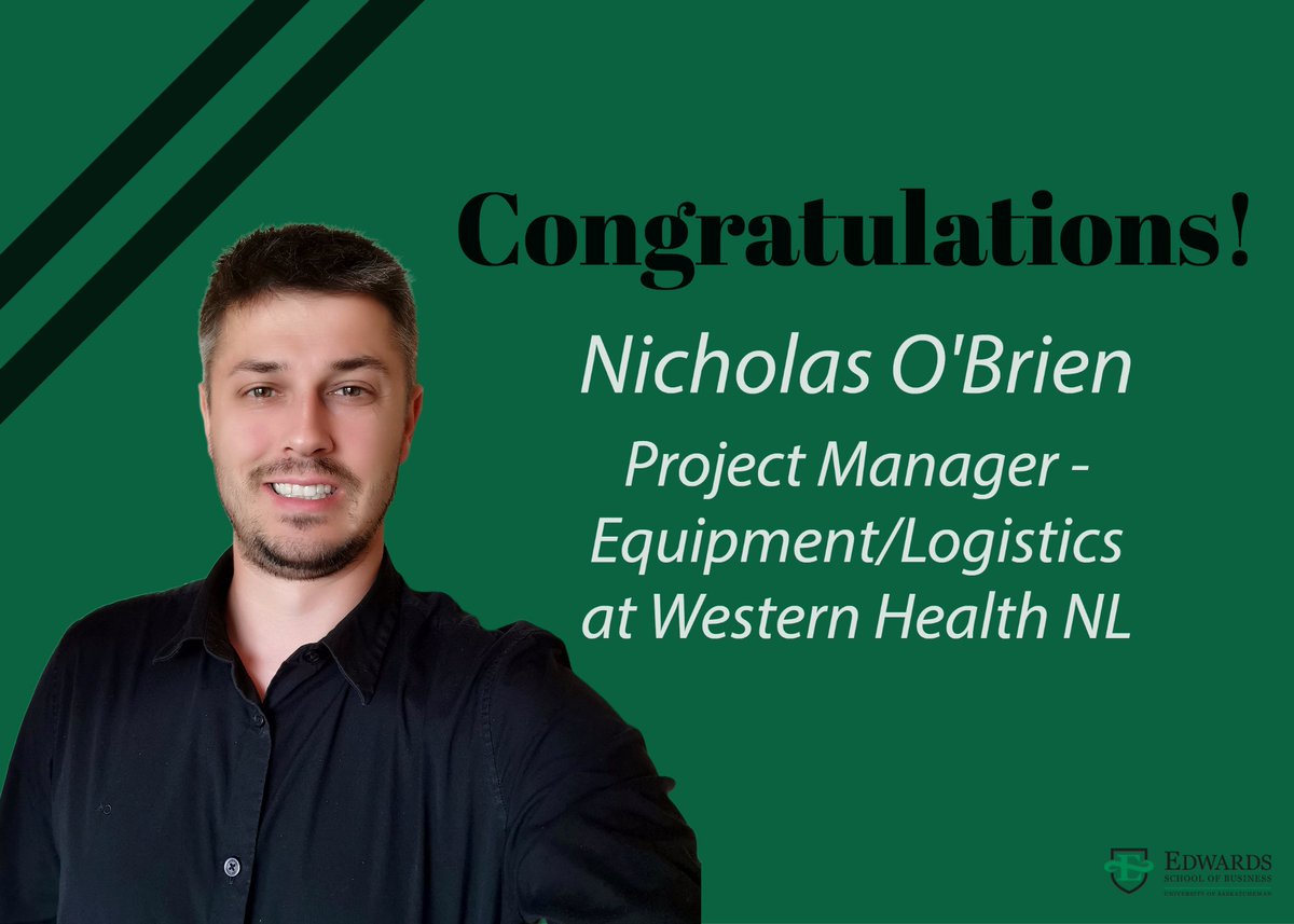 edwards_school's tweet photo. Congratulations, Nicholas O'Brien, MBA (MBA, 2011), on your new role as Product Manager - Equipment/Logistics at Western Health NL🎉.
Please join us in congratulating Nicholas below👏!
#EdwardsProud #EdwardsAlumni #USask https://t.co/9rbsE7ZGkg
