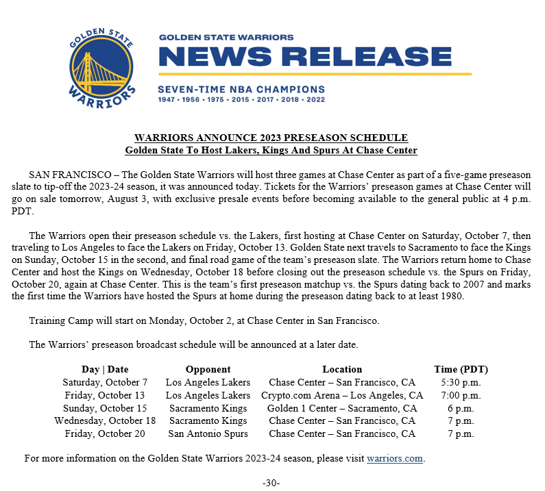 Warriors Announce 2023 Preseason Schedule