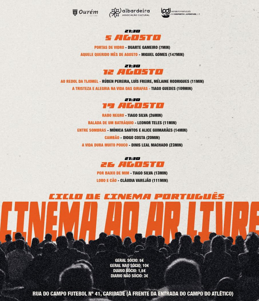 🎞️ Neste querido mês de agosto trazemos sessões de cinema ao ar livre, todos os sábados, às 21h30.

Um ciclo de cinema português, recheado de talento oureense. 

🎟️ Os bilhetes gerais podem ser adquiridos até 5 agosto, por mbway forms.gle/tyYeJPpM4qY9nK… ou no local.