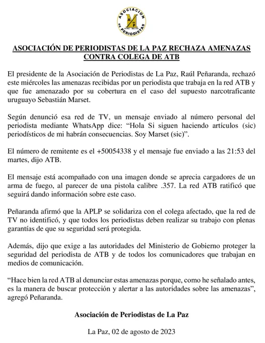 BrujulaNoticias's tweet image. La Asociación de Periodistas de #LaPaz (#APLP) rechaza las amenazas contra un periodista de la #RedATB por su trabajo de cobertura en el caso del narco uruguayo #SebastiánMarset y pide a las autoridades de Estado brindar garantías para proteger su integridad.