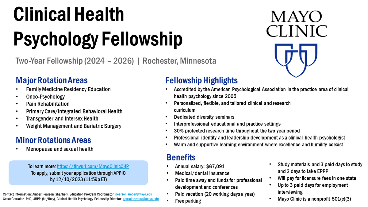 🌟Mayo Clinic in Rochester, MN  is recruiting future clinical health psychology fellows for a 2-year fellowship! 🌟 Please share! 
<a href="/apagradstudents/">APAGS</a> @APADivision44
<a href="/APADivision38/">Health Psychology</a>
<a href="/SCPdiv12/">Society of Clinical Psychology (APA Div. 12)</a>
<a href="/NatlRegister/">National Register</a>
<a href="/APAHCnews/">APAHC</a>
<a href="/BehavioralMed/">SBM</a> college.mayo.edu/academics/resi…