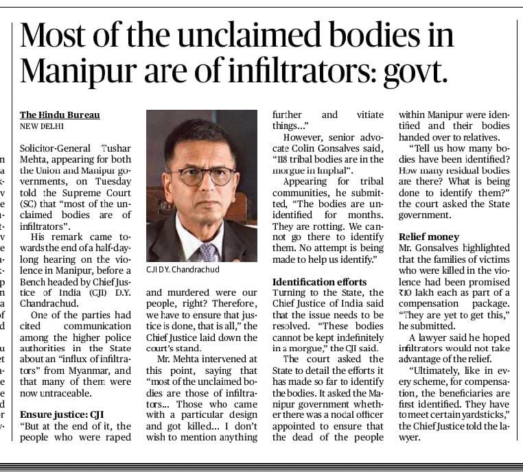 paolienlal's tweet photo. Tushar Mehta, as a responsible Indian, should have desisted from making such incendiary and baseless submission before the highest court of the nation. Bodies aren’t claimed because of the ethnic divide makes it impossible. https://t.co/r4uDPXGjGM