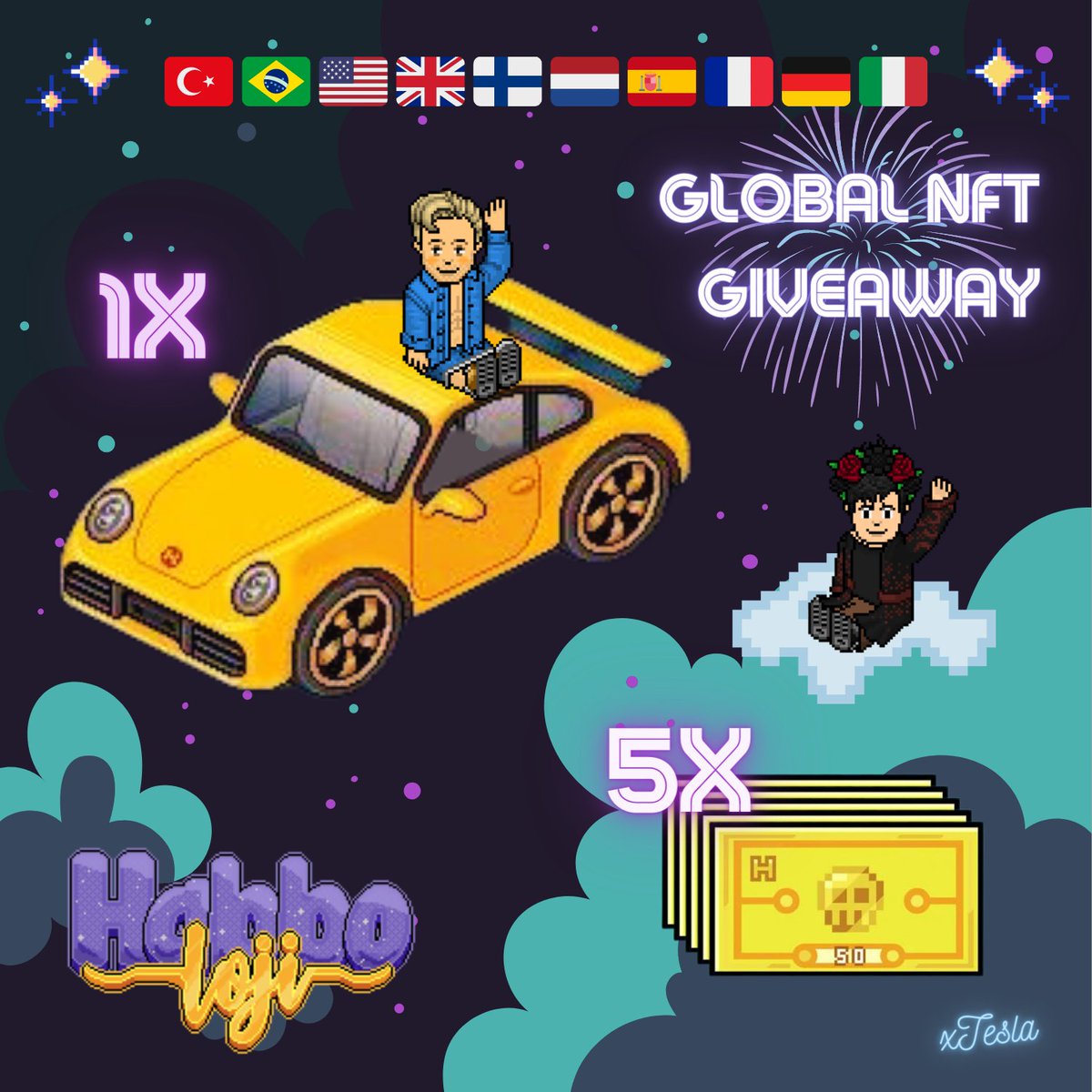 🥳 GLOBAL NFT GIVEAWAY 🥳

🎁 Rewards: 
🏎️ NFT Yellow Sports Car  
💴 5x 50 NFTC 

🚀 Requirements:

✨ Follow <a href="/Habboloji/">Habboloji</a> &amp; <a href="/xTeslaHabbo/">xTesla</a>
👫 Tag 3 Friends
♻️ RT &amp; LIKE ❤️

📅 Deadline: 20.08.2023  

Get an NFT wallet to get the reward when you win.   

🇹🇷 🇫🇷 🇩🇪 🇪🇸 🇧🇷 🇺🇸 🇳🇱 🇮🇹 🇫🇮