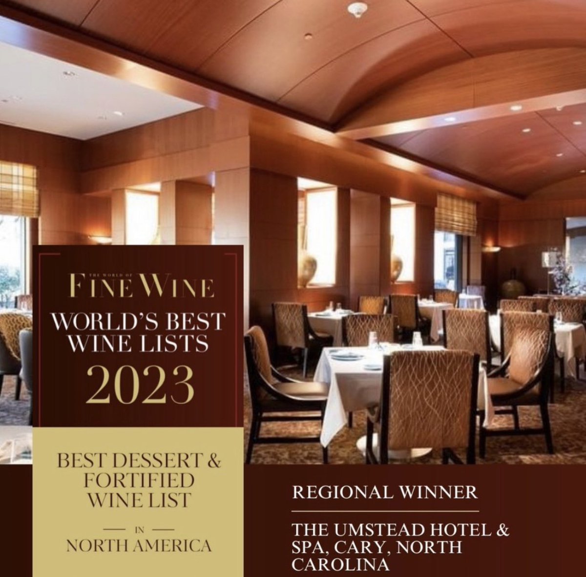 Who likes dessert wine? 🍷

We are thrilled to share that The Umstead Hotel &amp; Spa's wine program has been honored with the prestigious "Best Dessert &amp; Fortified Wine Selection in North America" award 🥇 at the esteemed World of Fine Wine Awards!