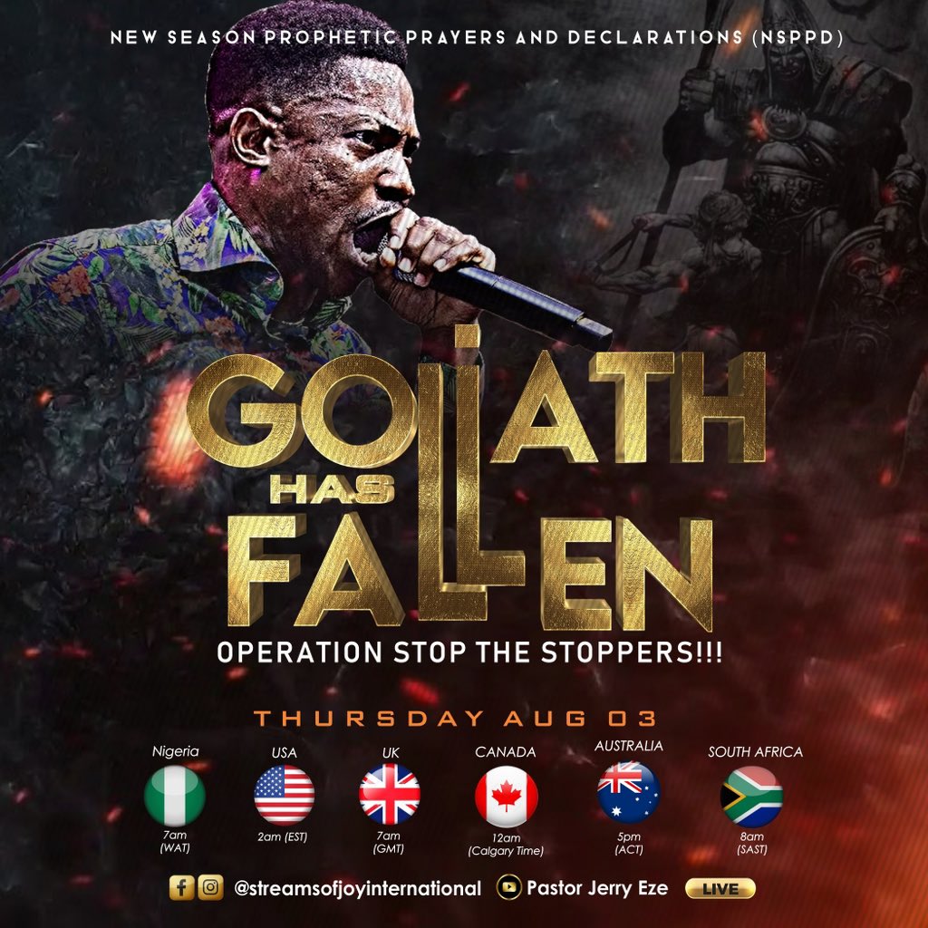 RealJerryEze's tweet photo. Tomorrow will be RAW FIRE at the NSPPD ALTAR OF FIRE by 7am Nigerian Time🔥🔥🔥
Somebody Declare- GOLIATH HAS FALLEN 🔥🔥🔥
#NSPPD #7amFirePrayers  #PastorJerryEze https://t.co/a30rVpAB65