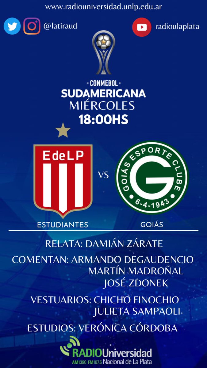 LaTiraUD's tweet photo. #SentimosElFutbol ⚽️
⏰ 18.00hs

#EDLP 🆚 #Goias

🎙Relata: @damianzarate1
 🗣Comentan: Armando #Degaudencio @emealcubo1 @JoseZdonek 

 Junto a @lucasfinochio @VeritoCordoba2  y equipo
 
📻 @radioulaplata
📱 https://t.co/g3g8qALxns
🌐https://t.co/rNxXe89Mgm https://t.co/qsNt8iFcJt