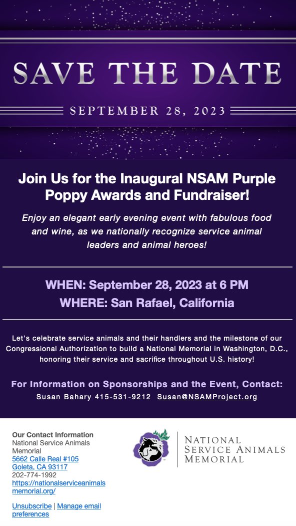 NsamProject's tweet image. OUR INAUGURAL AWARDS AND FUNDRAISER WILL RECOGNIZE GREAT HERO ANIMALS AND THEIR HANDLERS THROUGHOUT U.S. HISTORY AT A BEAUTIFUL AND EXCITING EVENT! INVITE TO FOLLOW SOON!