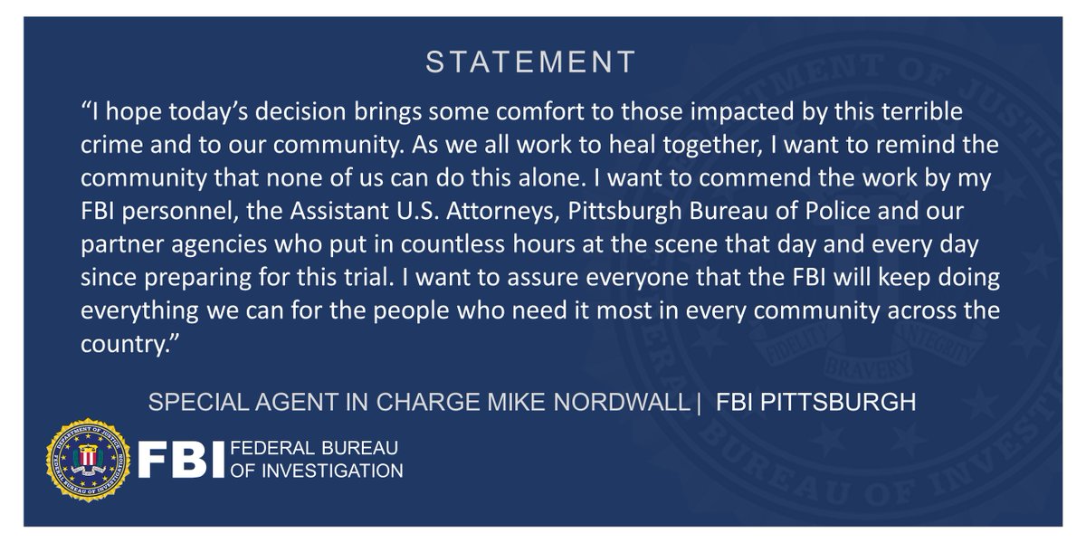 #FBI Pittsburgh, <a href="/WDPAnews/">WDPAnews</a> &amp; <a href="/PghPolice/">Pittsburgh Police</a> talked with media after the verdict decision was announced in the Tree of Life synagogue shooting. We thank the jury for their time and diligence throughout the trial. We hope this allows the community to close this chapter &amp; move forward.