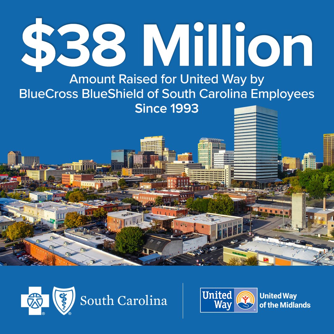 bcbssc's tweet photo. Since 1993, BlueCross employees have donated more than $38 million to the @UnitedWay. Our goal for this year's monthlong giving campaign is to raise $2.6 million! #LiveUnited #LifeAtSCBlueCross https://t.co/Ug7oTlzFLM