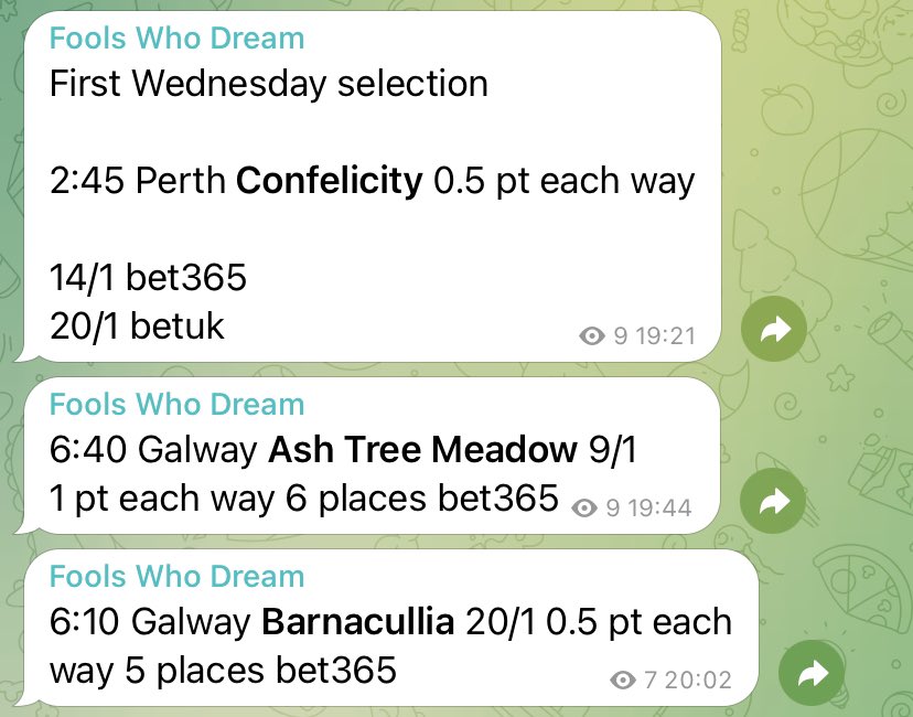 foolswhodreamb's tweet photo. https://t.co/j5KLMuQnDD

Good day for the team. 1
Winner in Ash Tree Meadow @galwayraces advised at 9/1

Confelicity defies market weakness to finish 3rd @PerthRacecourse 

Barnacullia finishes in the places at 20/1+ #GalwayRaces #GloriousGoodwood #horseracingtips https://t.co/pPcxglkbcA