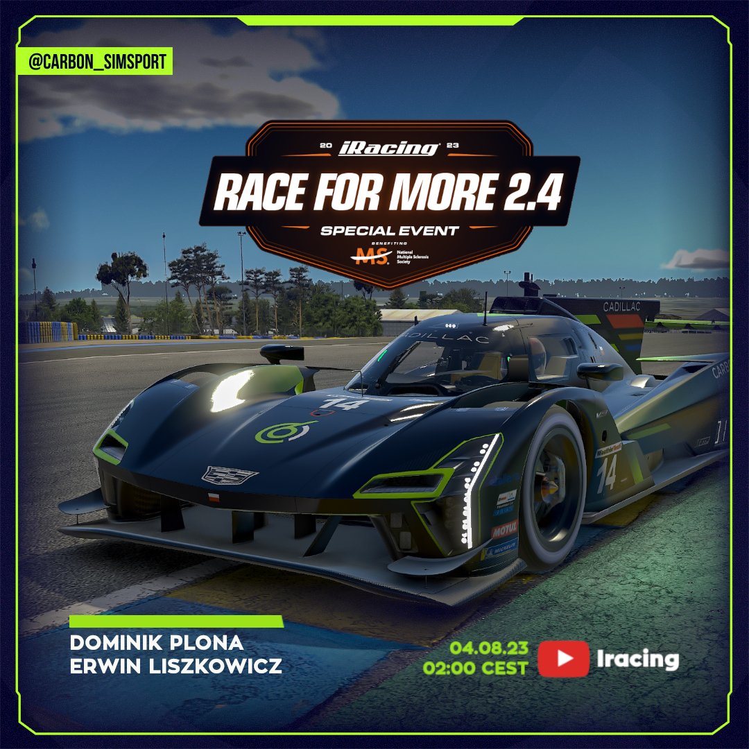 It's time to test the new Caddilac GTP in
a real battle. Another special event ahead, this time it's Road for More 2.4, a short multiclass race at the
Circuit de la Sarthe. 😍

We start at 2 AM! 😴
🏎 Erwin Liszkowicz
🏎 Dominik Plona

#SimPL #SimRacing #Esport #iRacing